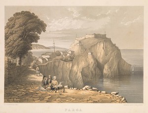 view Parga, Albania (subsequently Greece): the castle, part of the town and the sea seen from the coast road. Colour lithograph after G.D. Beresford, 1855.