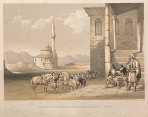 view Janina, Albania (subsequently Greece): the seraglio and tomb of Ali Pasha. Colour lithograph after G.D. Beresford, 1855.