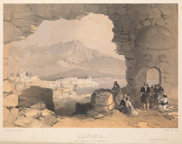 Janina, Albania (subsequently Greece): the town seen through a gap in the city walls. Colour lithograph by R. Carrick after G.D. Beresford, 1855.