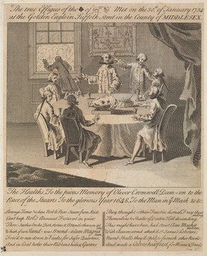 view A meeting of a Calves-Head Club for Whig gentlemen who celebrate the execution of King Charles I. Engraving, 1734.