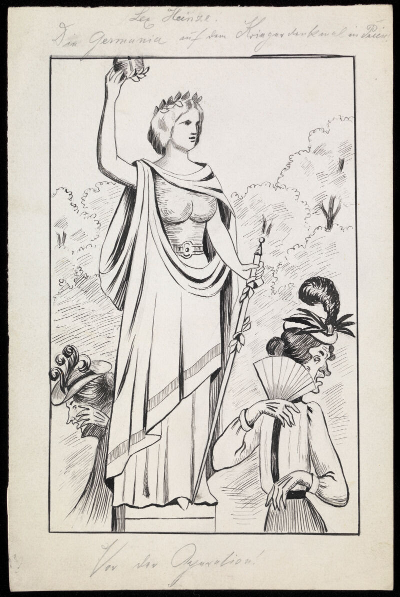 A Statue Of Germania Displaying Prominent Breasts On A War Memorial Prim Ladies Avert Their Faces In Horror Drawing Ca 1923 Wellcome Collection