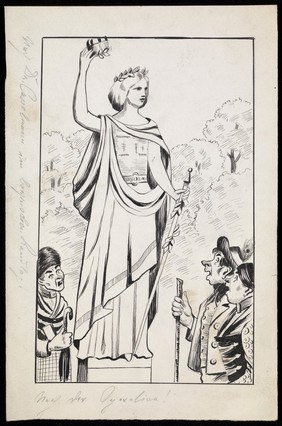 A statue of Germania whose prominent breasts have been removed in accordance with the "Lex Heinze" law on censorship. Drawing, ca. 1923.