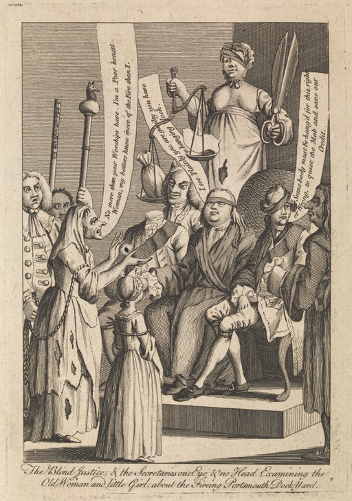 Sir John Fielding judges a case of arson while surrounded by personifications of perverted justice. Engraving, 1771.