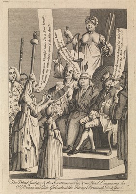 Sir John Fielding judges a case of arson while surrounded by personifications of perverted justice. Engraving, 1771.