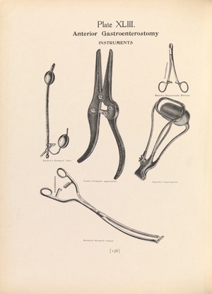 view Plate XLIII. Surgical instruments used for anterior gastroenterostomy (surgical formation of an artificial opening between the stomach and the small intestine).