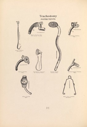 Page 4. Surgical instruments used for tracheotomy (a cut or opening of the windpipe).