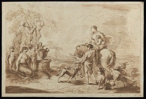 view A satyr dressing a statue of Pan, being watched by a man and by a woman on horseback. Etching by F. Bartolozzi, 176-, after G.B. Castiglione.