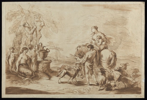 A satyr dressing a statue of Pan, being watched by a man and by a woman on horseback. Etching by F. Bartolozzi, 176-, after G.B. Castiglione.