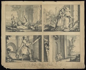 A giant holding a crozier with a cap of liberty points menacingly to Daniel O'Connell who stands on the brink of a precipice. Coloured lithograph by H.B. (John Doyle), 1843.