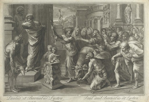 Paulus et Barnabas Lystrae. Etching by B. Lépicié, 1721.