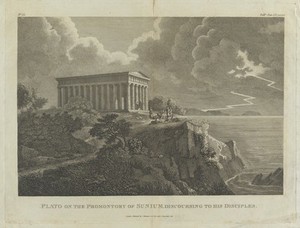 view Sounion, Greece: Plato and his disciples on the promontory. Engraving, 1817.