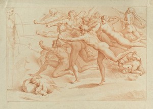 view Archers shooting at a herm. Colour stipple engraving by F. Bartolozzi, 1785, after Michelangelo.