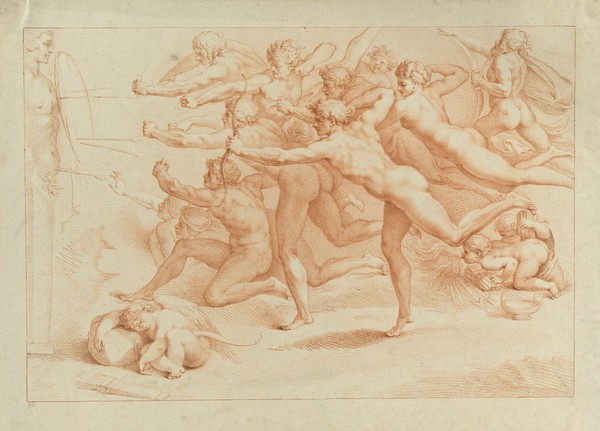 Archers shooting at a herm. Colour stipple engraving by F. Bartolozzi, 1785, after Michelangelo.
