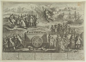 view A cart laden with coins in sacks is dragged by a group of devils who are lashed by men armed with whips; representing William Wood's scheme to improve the Irish coinage. Engraving, 1724.