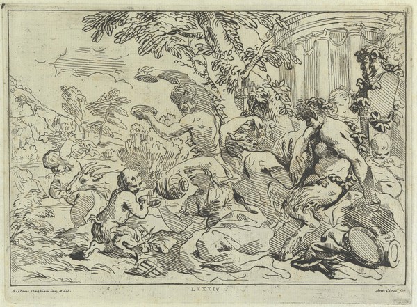 Satyrs revelling in a bacchanalian celebration. Etching by A. Cioci, 1762, after A.D. Gabbiani.