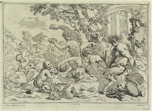 view Satyrs revelling in a bacchanalian celebration. Etching by A. Cioci, 1762, after A.D. Gabbiani.