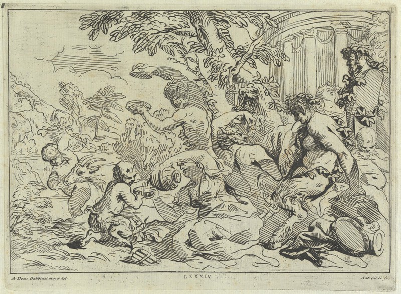 Satyrs revelling in a bacchanalian celebration. Etching by A. Cioci, 1762, after A.D. Gabbiani., 1762, by Anton Domenico Gabbiani