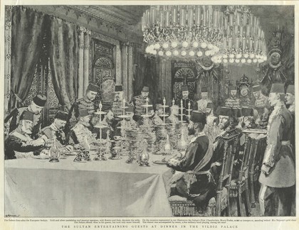 Sultan Abdulhamid II hosting a dinner at Yildiz Palace, Istanbul. Halftone by C. Hentschel, 1895, after J. Nash.