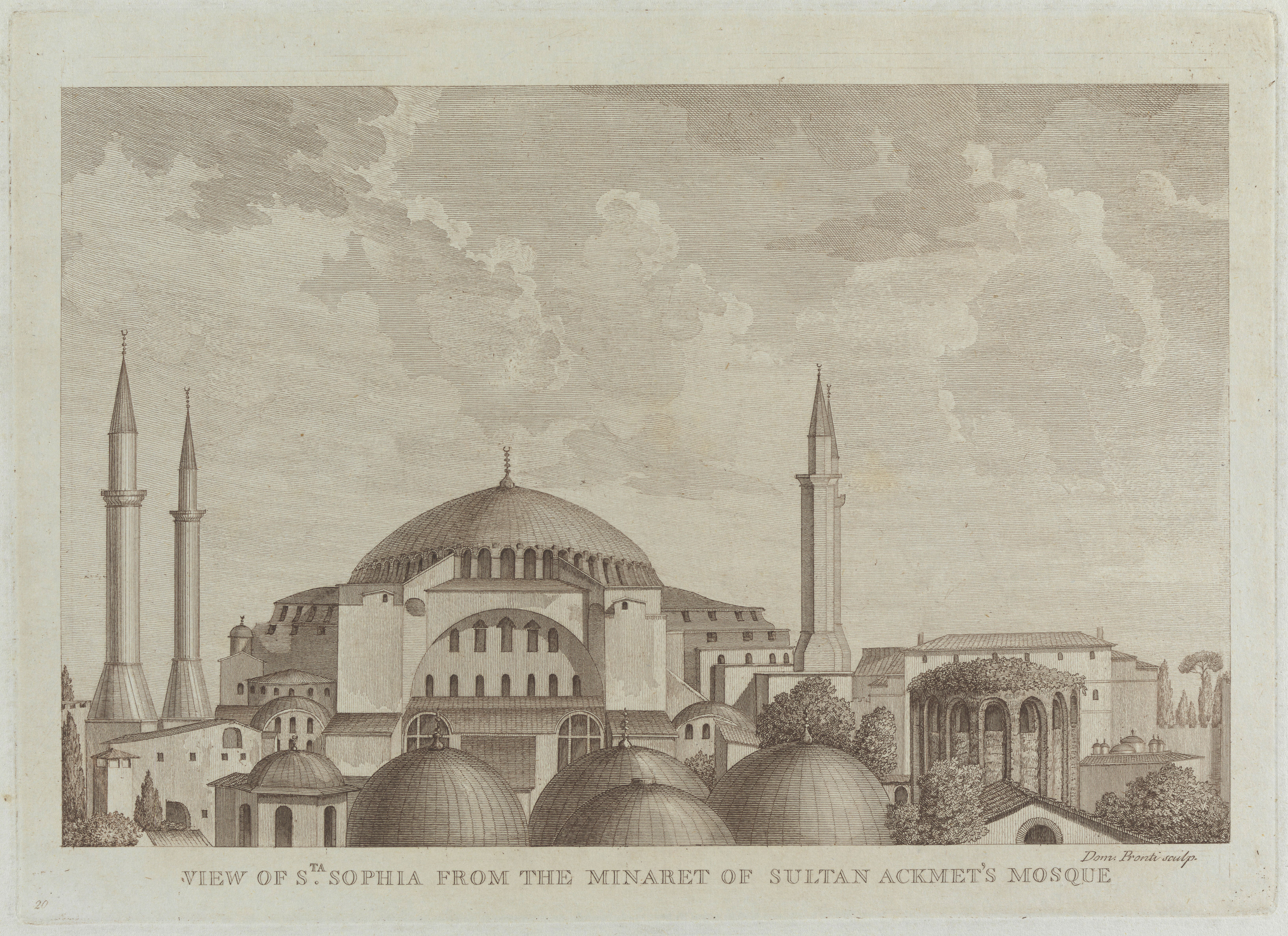 Istanbul Ayasofia From The Blue Mosque Engraving By D Pronti