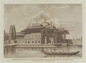 view Dolmabahçe, Istanbul: the sultan's summer palace. Engraving by D. Pronti after W. Reveley.