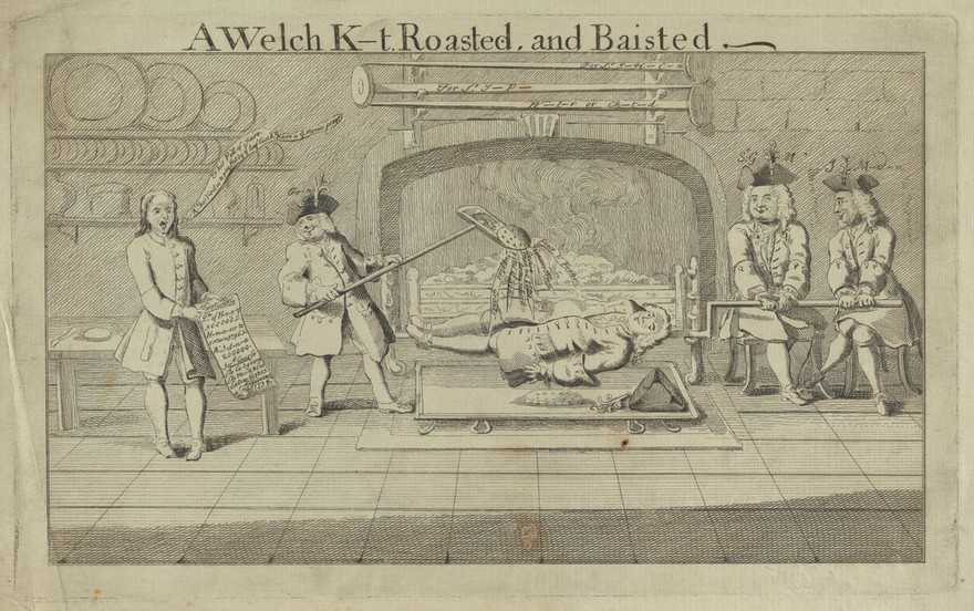 A kitchen in which Sir Watkin Williams Wynn MP is rotated on a spit before a fire. Engraving, 1745.