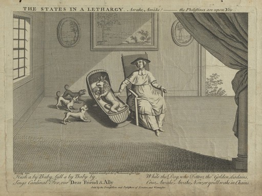 A cardinal singing a lullaby to a lion. Engraving, 1740.