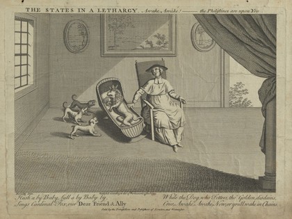 A cardinal singing a lullaby to a lion; representing an attempt by France to maintain the neutrality of the Netherlands in the War of Jenkins' Ear. Engraving after Bernetto, 1740.