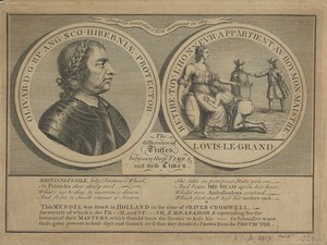 view Oliver Cromwell (left) and the Protector kneeling with his head on the lap of Britannia (right): two roundels. Engraving, 1739.