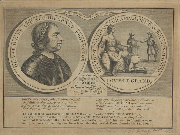 Oliver Cromwell (left) and the Protector kneeling with his head on the lap of Britannia (right): two roundels. Engraving, 1739.