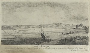 view A Dutch landscape: fields, a farmer in an oxcart, and, in the centre foreground, a dead tree. Etching by W. Baillie, 1760.