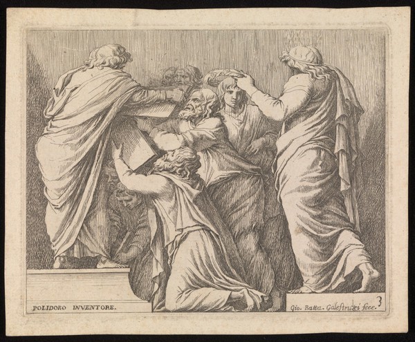 The books of rituals compiled by Numa Pompilius being handed over to the people. Etching by G.B. Galestruzzi after Polidoro da Caravaggio.
