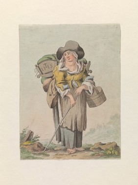 The wife of a blind man. Coloured etching attributed to M. Pfenninger.