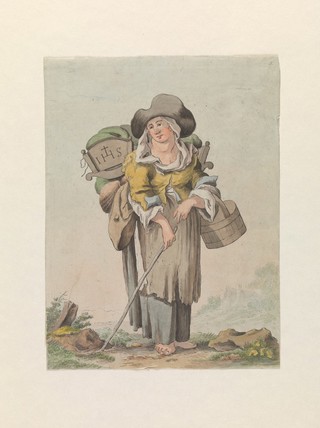The wife of a blind man. Coloured etching attributed to M. Pfenninger.