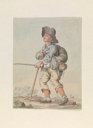 view A blind man. Coloured etching attributed to M. Pfenninger.