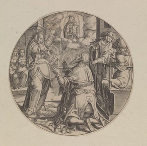 view Augustus and the Tiburtine sibyl. Engraving attributed to B.W. Dolendo, 16--, after L. van Leiden.