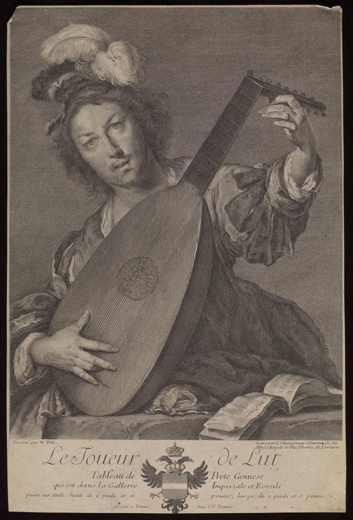 A man playing the lute. Engraving, 18th century.