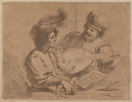 A man playing the lute accompanying a man singing from a song sheet. Etching by F. Bartolozzi after G.F. Barbieri, il Guercino.