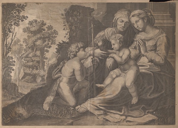 The Virgin and Christ Child with Saint Elizabeth and Saint John the Baptist. Engraving by J. van Merle after Raphael.