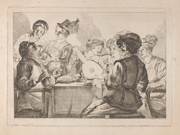 A dinner party: a young man plays the lute while a young woman puts a piece of meat into the mouth of the man at the head of the table. Etching by Vivant Denon, 1793, after G. Honthorst.