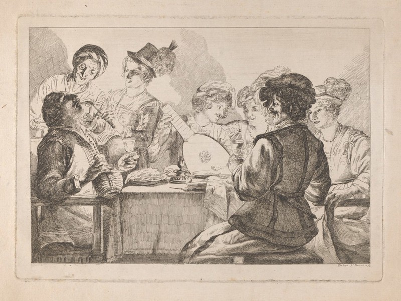 A dinner party: a young man plays the lute while a young woman puts a piece of meat into the mouth of the man at the head of the table. Etching by Vivant Denon, 1793, after G. Honthorst., 1793, by Gerard van Honthorst