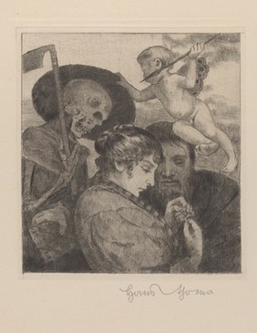 Death as the reaper eyes a man and a woman protected by Cupid. Etching by H. Thoma, 1919.