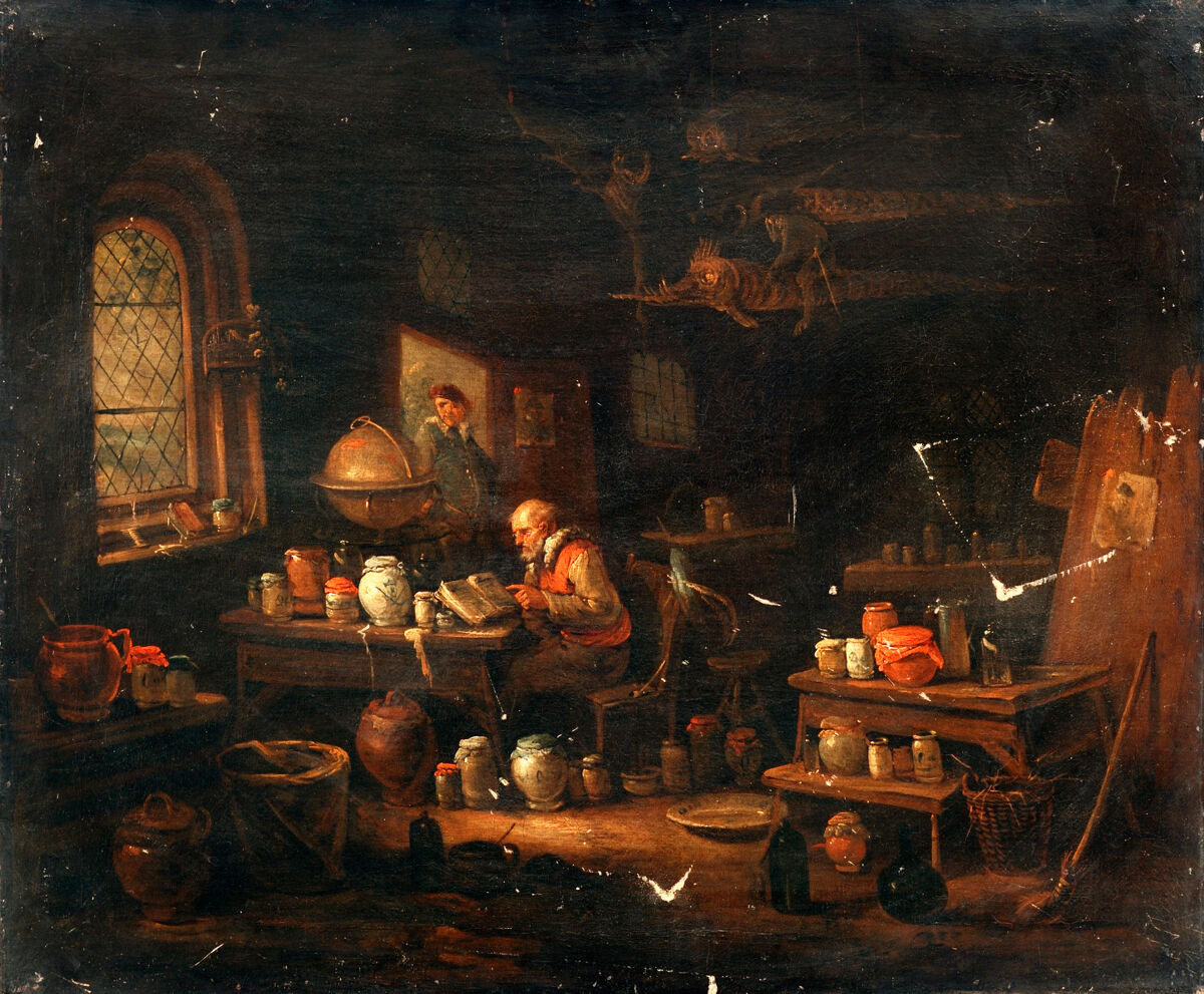 An alchemist or apothecary in his laboratory. Oil painting attributed to Egbert van Heemskerck., by Egbert van Heemskerck