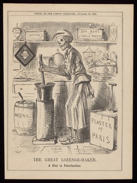 Death as a lethal confectioner making up sweets using arsenic and plaster of Paris as ingredients; representing the toxic adulteration of sweets in the 1858 Bradford sweets poisoning. Wood engraving after J. Leech, 1858.