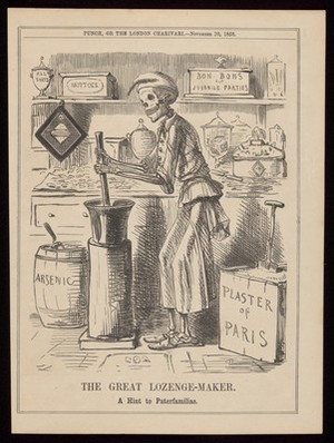 view Death as a lethal confectioner making up sweets using arsenic and plaster of Paris as ingredients; representing the toxic adulteration of sweets in the 1858 Bradford sweets poisoning. Wood engraving after J. Leech, 1858.