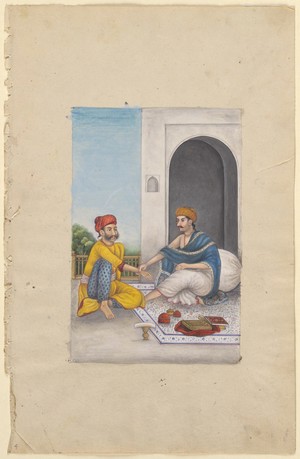 view An Ayurvedic medical practitioner taking the pulse. Watercolour, ca. 1825.