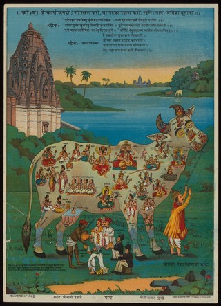 The holy Cow personified as World Mother with many Sanskrit verses. Chromolithograph.