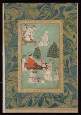 Above, the emperor Aurangzeb consults a physician; below, one of the emperor's sons is attended by physicians. Gouache painting, 17--.