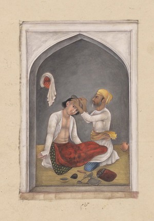 view A barber attending to a man's hair. Gouache painting by an Indian artist, ca. 1825.