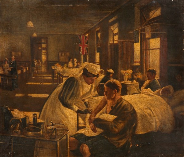 World War I: a ward in the London Hospital in which a nurse tends a soldier's arm while other soldiers lie in bed. Oil painting after Sir J. Lavery.