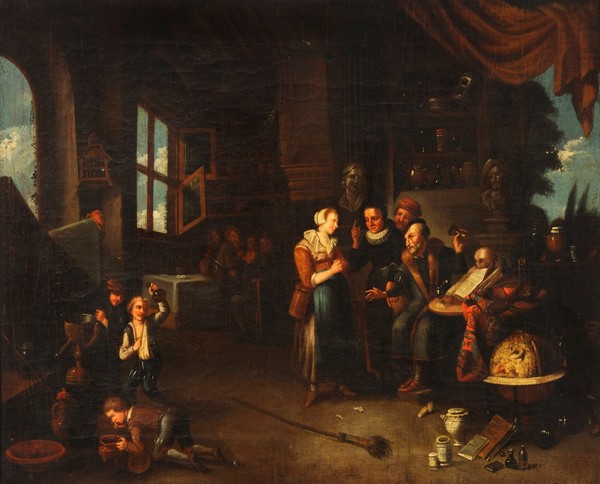 A physician examining a urine-flask. Oil painting by Gerard Thomas.